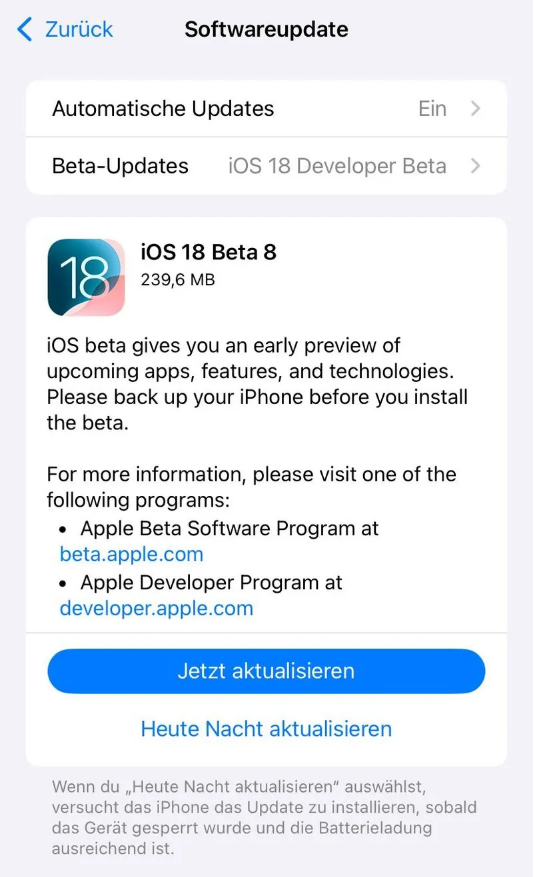 松阳苹果手机维修分享苹果 iOS / iPadOS 18 开发者预览版 Beta 8 发布 